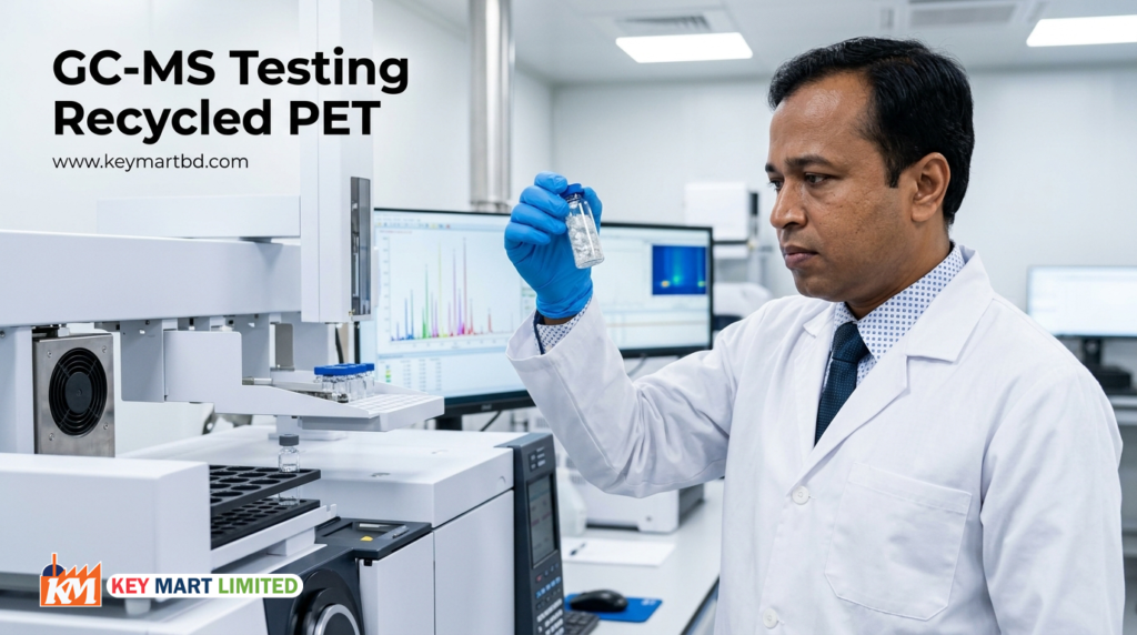 Close-up of a laboratory technician placing a headspace sample vial of recycled PET flakes into a GC-MS gas chromatograph autosampler
