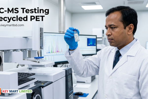 Close-up of a laboratory technician placing a headspace sample vial of recycled PET flakes into a GC-MS gas chromatograph autosampler