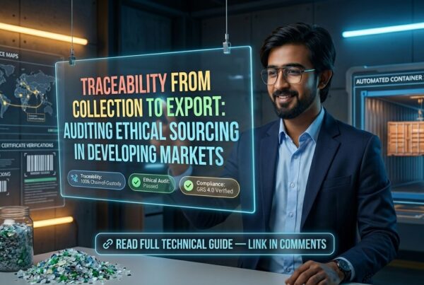 A cinematic 8K futuristic B2B technology feature header based on [Image 1]. Maintain 100% exact facial identity, head shape, hairstyle, beard, glasses, and likeness of the person in [Image 1] without alteration. The person wears a bright yellow casual t-shirt, standing inside Key Mart Limited's high-tech supply chain tracking suite and supply audit hub in Dhaka, Bangladesh. In the center foreground, suspended in mid-air, is a glowing, holographic semi-transparent glass panel styled as a High-Tech Supply Chain Traceability Interface. Etched clearly onto this central panel is the crisp, bold, multi-colored headline text: "TRACEABILITY FROM COLLECTION TO EXPORT: AUDITING ETHICAL SOURCING IN DEVELOPING MARKETS" with vibrant illuminated orange and cyan neon typography. Surrounding the headline are glowing digital status badges: "Traceability: 100% Chain-of-Custody", "Ethical Audit: Zero-Defect Passed", and "Compliance: GRS 4.0 Verified". At the bottom of the glass panel, a glowing digital CTA button reads: "🔗 READ FULL TECHNICAL GUIDE — LINK IN COMMENTS". The background features a high-tech sci-fi aesthetic: interactive supply chain mass-balance maps, GRS transaction certificate verification badges, and digital barcode tracking streams on the left, and a futuristic automated container staging area on the right. Scientific glass cylinders filled with sparkling clear PET flakes sit on a polished metallic desk under cool blue and amber studio lighting. Photorealistic industrial tech aesthetic, rich depth of field, 16:9 aspect ratio.