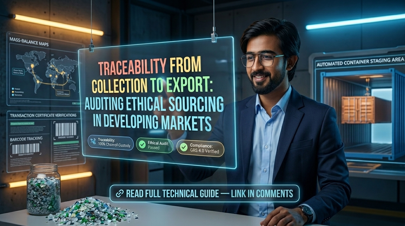 A cinematic 8K futuristic B2B technology feature header based on [Image 1]. Maintain 100% exact facial identity, head shape, hairstyle, beard, glasses, and likeness of the person in [Image 1] without alteration. The person wears a bright yellow casual t-shirt, standing inside Key Mart Limited's high-tech supply chain tracking suite and supply audit hub in Dhaka, Bangladesh. In the center foreground, suspended in mid-air, is a glowing, holographic semi-transparent glass panel styled as a High-Tech Supply Chain Traceability Interface. Etched clearly onto this central panel is the crisp, bold, multi-colored headline text: "TRACEABILITY FROM COLLECTION TO EXPORT: AUDITING ETHICAL SOURCING IN DEVELOPING MARKETS" with vibrant illuminated orange and cyan neon typography. Surrounding the headline are glowing digital status badges: "Traceability: 100% Chain-of-Custody", "Ethical Audit: Zero-Defect Passed", and "Compliance: GRS 4.0 Verified". At the bottom of the glass panel, a glowing digital CTA button reads: "🔗 READ FULL TECHNICAL GUIDE — LINK IN COMMENTS". The background features a high-tech sci-fi aesthetic: interactive supply chain mass-balance maps, GRS transaction certificate verification badges, and digital barcode tracking streams on the left, and a futuristic automated container staging area on the right. Scientific glass cylinders filled with sparkling clear PET flakes sit on a polished metallic desk under cool blue and amber studio lighting. Photorealistic industrial tech aesthetic, rich depth of field, 16:9 aspect ratio.